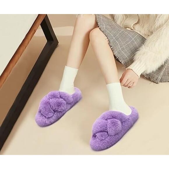 Fluff Slippers, Open Toe Faux Fur Fuzzy Slides, Comfort Arch Support, Purple, 9 - Picture 2 of 6